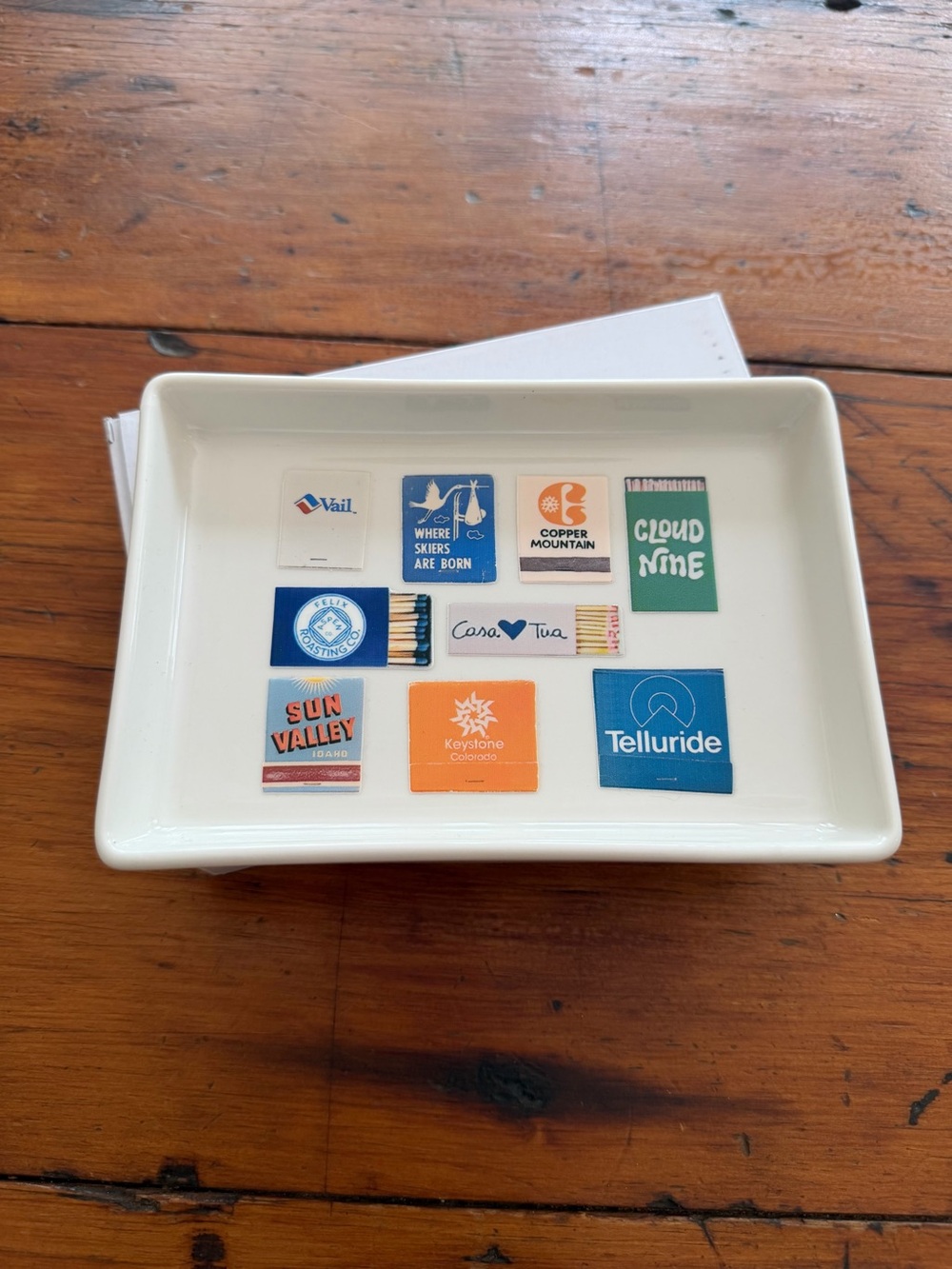 White Rectangular Ceramic Tray with Ski Resort Matchboxes - Picture 2 of 2